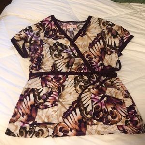 Koi mock wrap scrub top only. Size large.